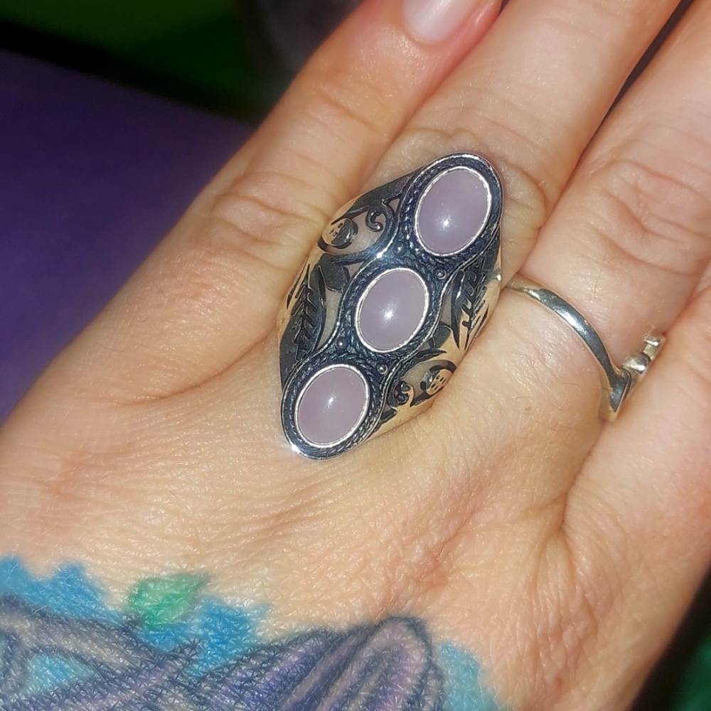 Ornate Rose Chalcedony 3 Stone Ring